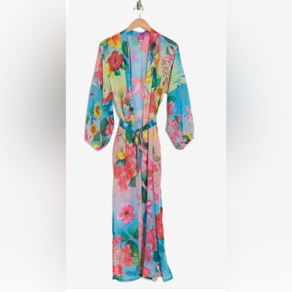 Ranee’s Tropical Floral Sheer Beach Cover-Up Kimono in Blue & Multicolor